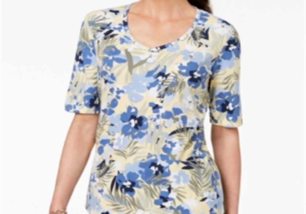 Blusa estampada Karen Scott com decote em V, azul, tamanho XXL