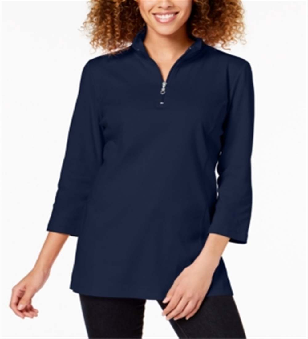 Karen Scott Blusa feminina de algodão com meio zíper e gola alta, azul-marinho, tamanho P