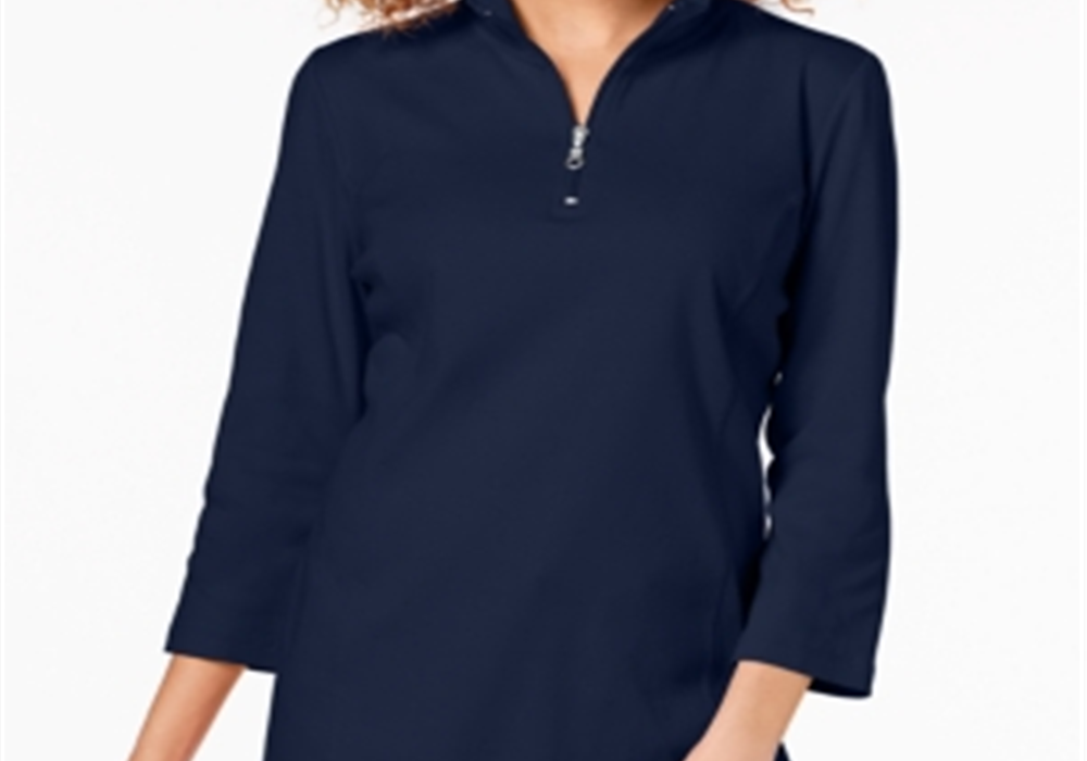 Karen Scott Blusa feminina de algodão com meio zíper e gola alta, azul-marinho, tamanho P