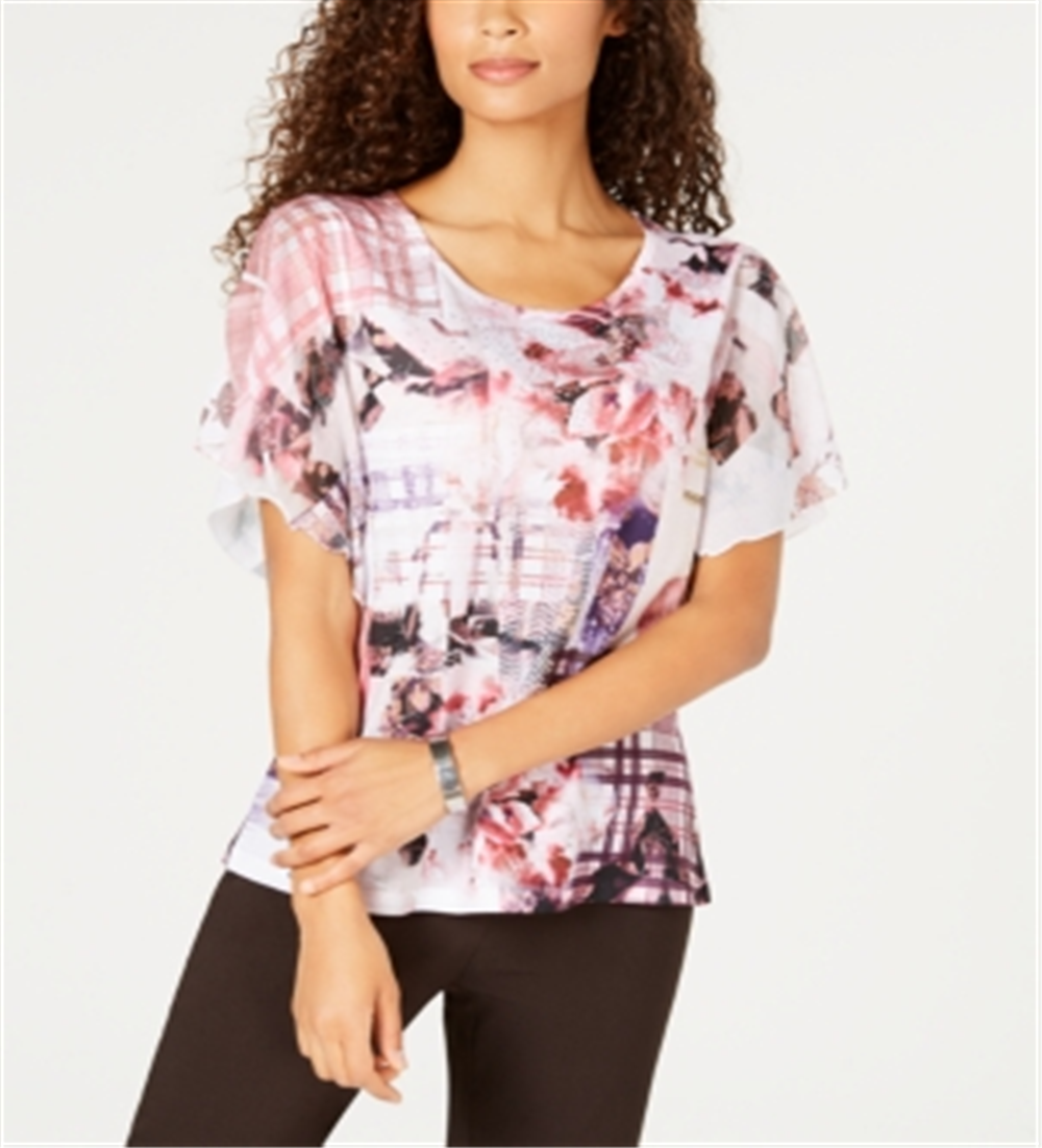 Jm Collection Top com mangas bufantes e babados, rosa, tamanho M