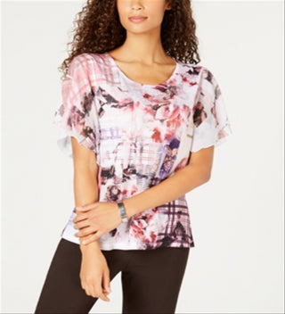 Jm Collection Top com mangas bufantes e babados, rosa, tamanho M