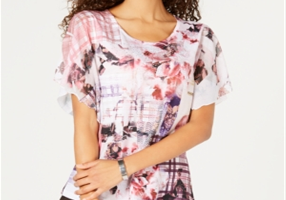 Jm Collection Top com mangas bufantes e babados, rosa, tamanho M