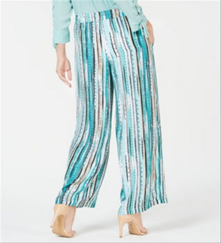 Calça feminina estampada de perna larga JM Collection, azul, tamanho X-G