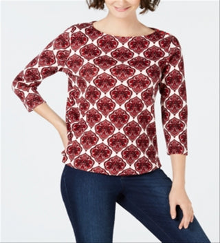 Charter Club Petite Listrado Algodão Botão Ombro Top Vermelho Tamanho PL