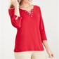 Karen Scott Blusa Feminina Listrada de Malha com Ilhós e Gola V Vermelha Tamanho X-G