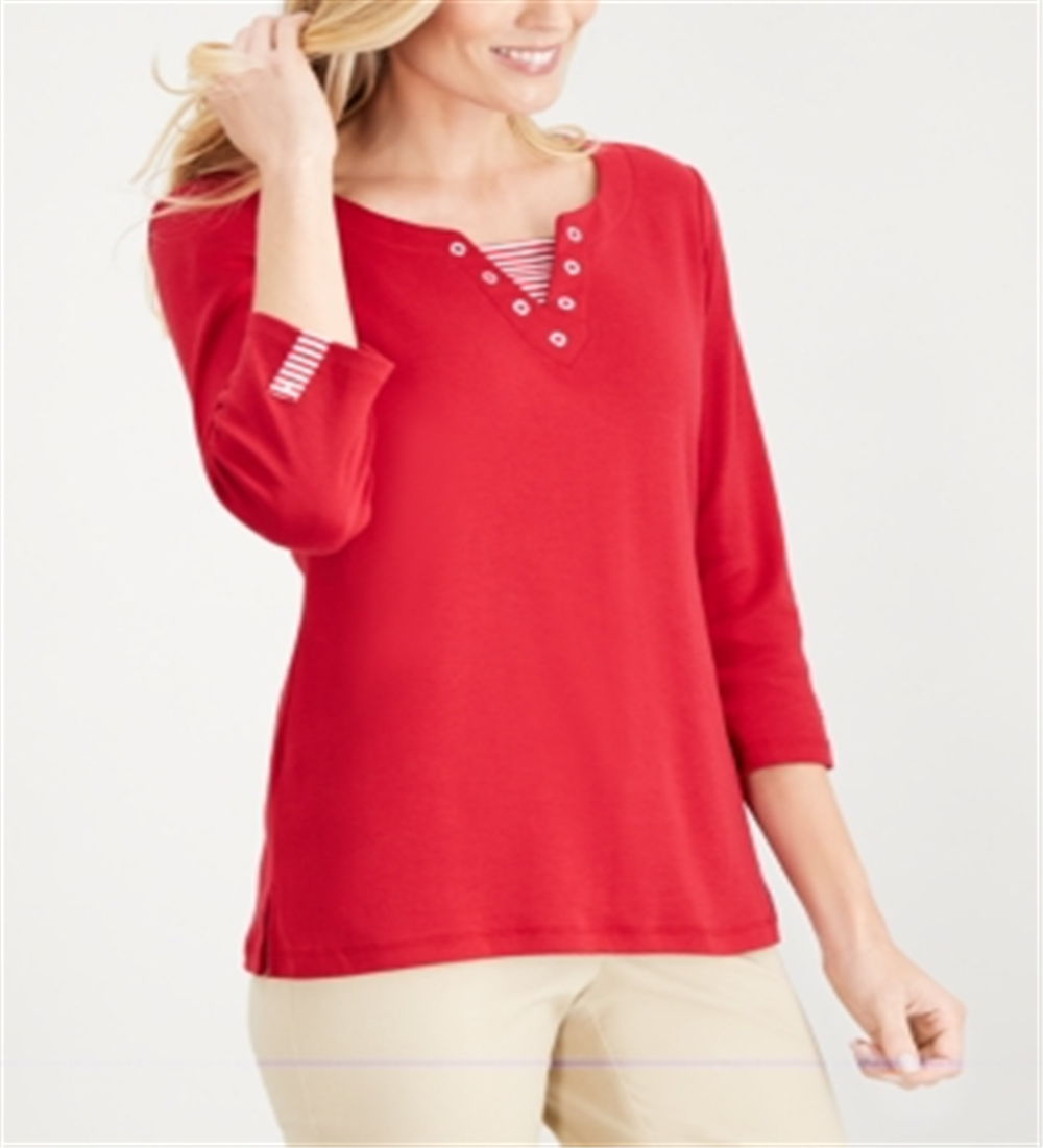 Karen Scott Blusa Feminina Listrada de Malha com Ilhós e Gola V Vermelha Tamanho X-G