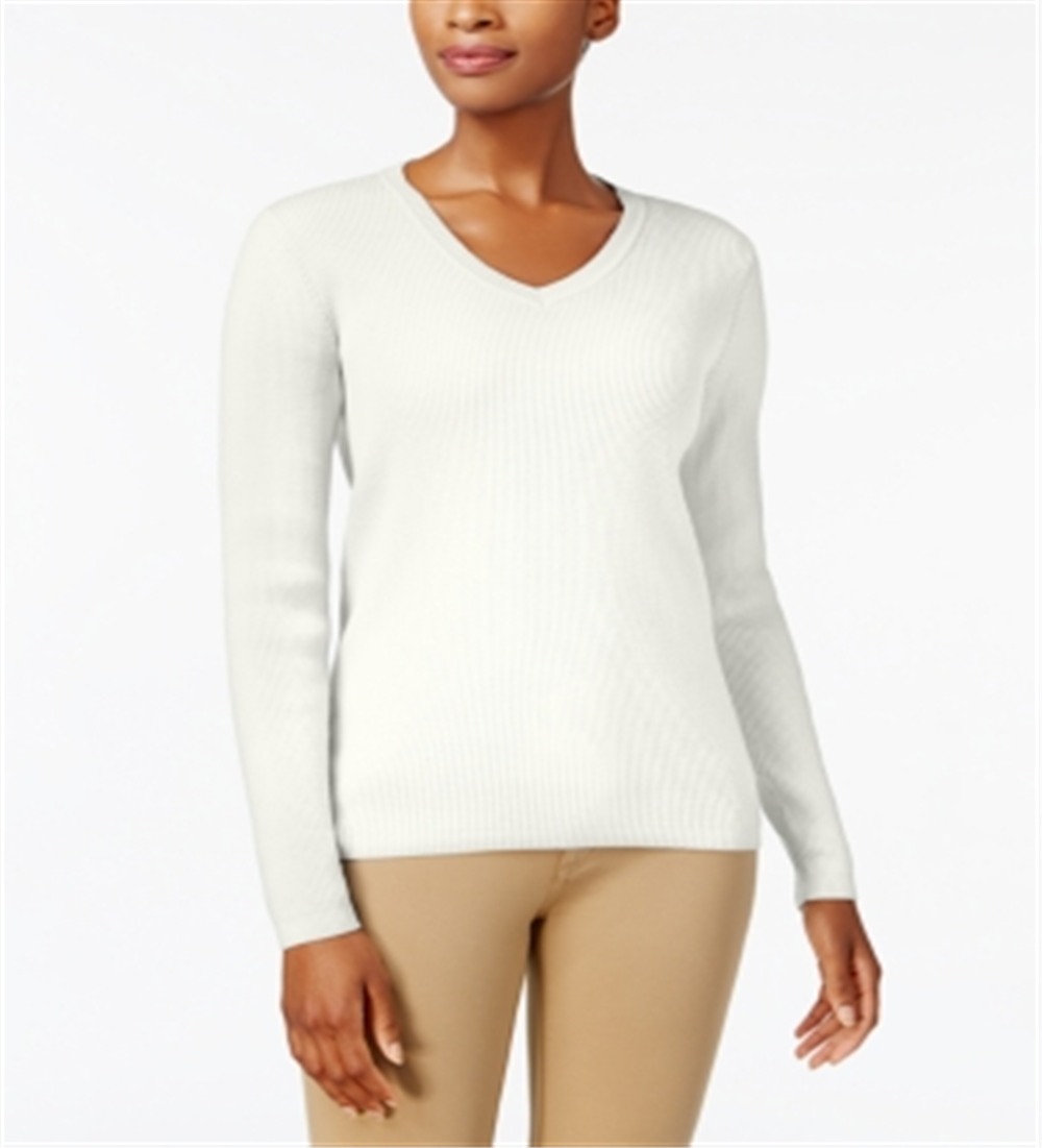 Karen Scott Suéter feminino de algodão com decote em V, branco, tamanho XX-G