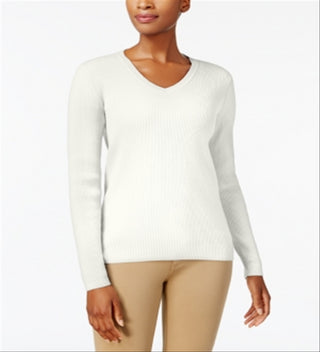 Karen Scott Suéter feminino de algodão com decote em V, branco, tamanho XX-G