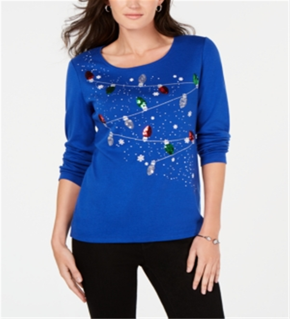 Blusa feminina Karen Scott de algodão com lantejoulas e luzes natalinas, azul, tamanho extragrande