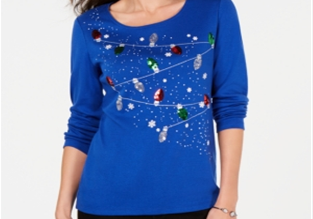Blusa feminina Karen Scott de algodão com lantejoulas e luzes natalinas, azul, tamanho extragrande