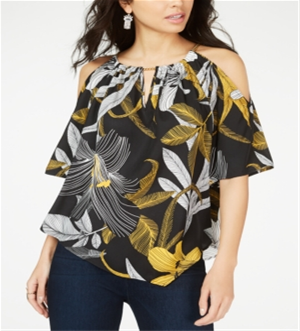 Blusa feminina Thalia Sodi estampada com ombros descobertos, preta, tamanho médio