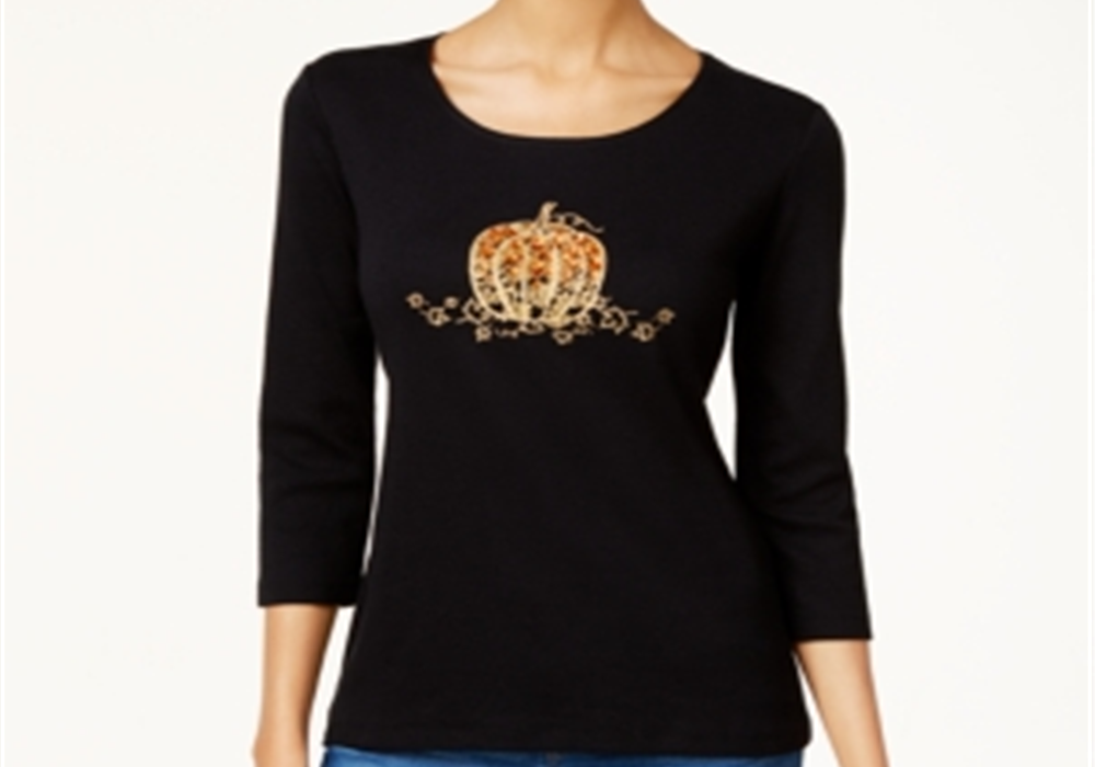 Camiseta feminina Karen Scott de algodão com estampa gráfica e detalhes, preta, tamanho extragrande
