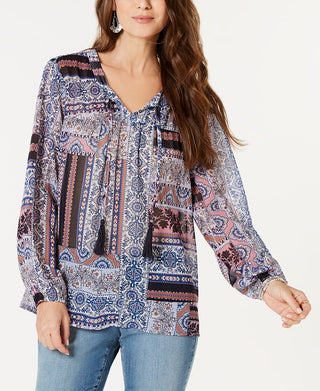 Blusa feminina estilo &amp; co com estampa de borla e amarração, azul, tamanho médio