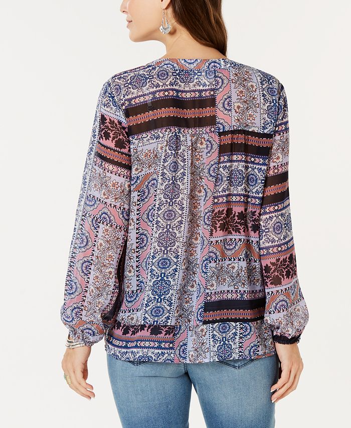 Blusa feminina estilo &amp; co com estampa de borla e amarração, azul, tamanho médio