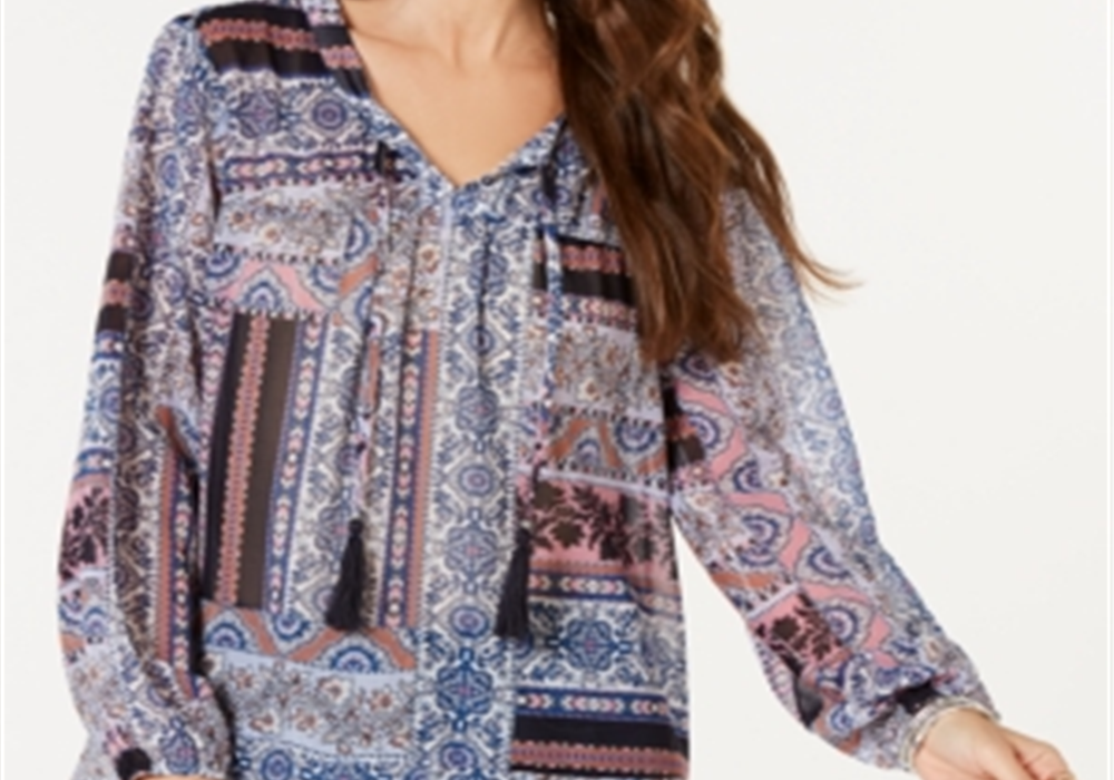 Blusa feminina estilo &amp; co com estampa de borla e amarração, azul, tamanho médio