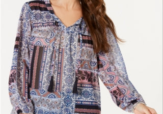 Blusa feminina estilo &amp; co com estampa de borla e amarração, azul, tamanho médio