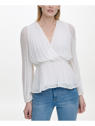 DKNY Top feminino de manga comprida com decote sobrepeliz e envoltório falso, branco, tamanho XS