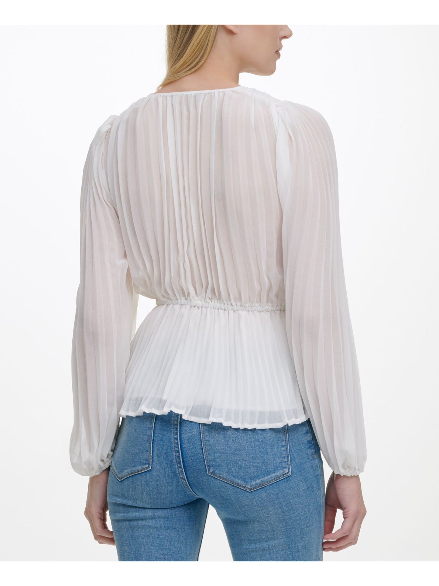 DKNY Top feminino de manga comprida com decote sobrepeliz e envoltório falso, branco, tamanho XS