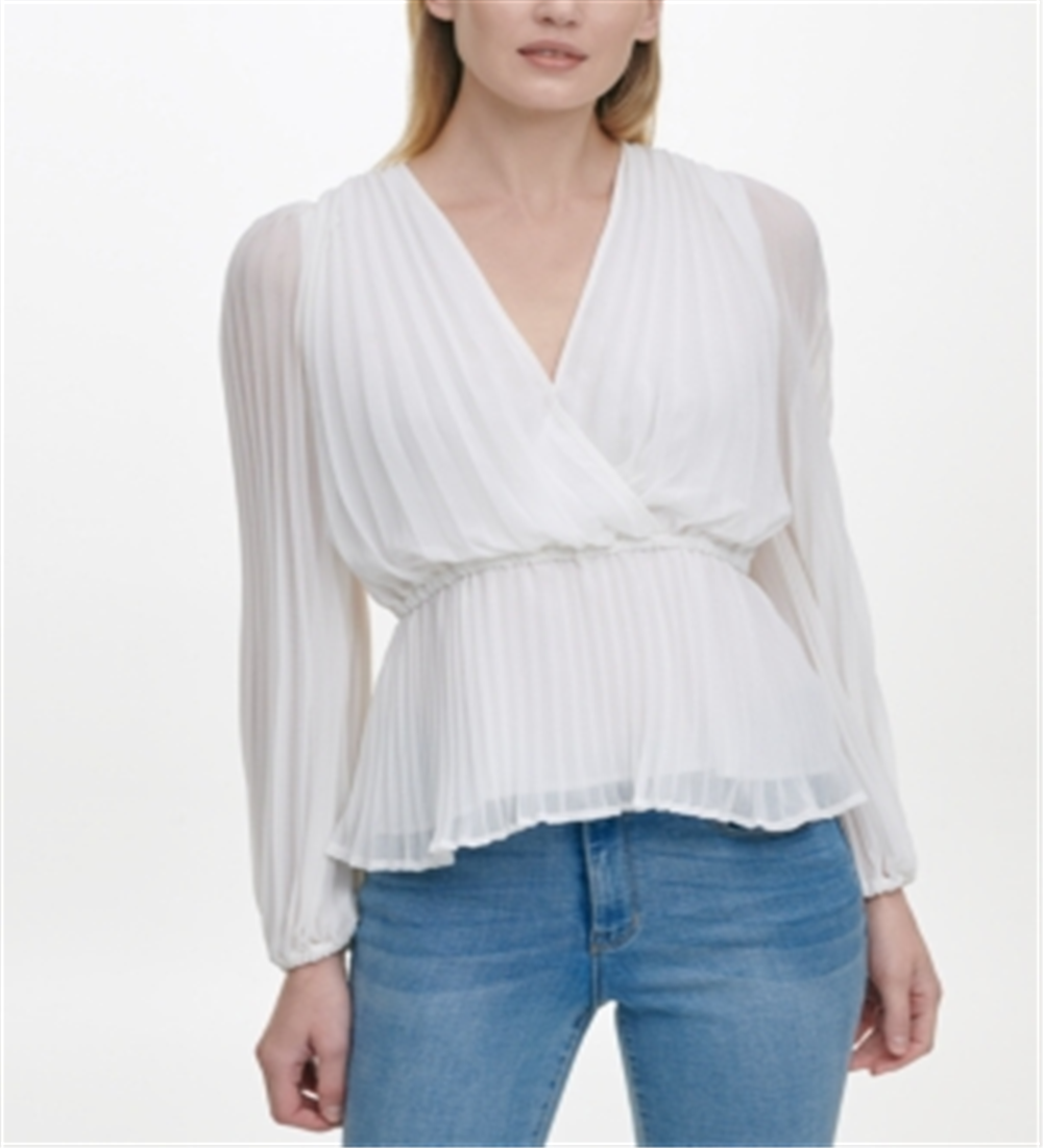 DKNY Top feminino de manga comprida com decote sobrepeliz e envoltório falso, branco, tamanho XS