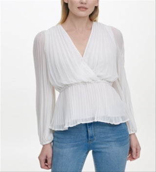 DKNY Top feminino de manga comprida com decote sobrepeliz e envoltório falso, branco, tamanho XS