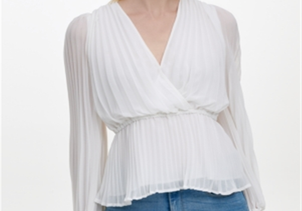 DKNY Top feminino de manga comprida com decote sobrepeliz e envoltório falso, branco, tamanho XS