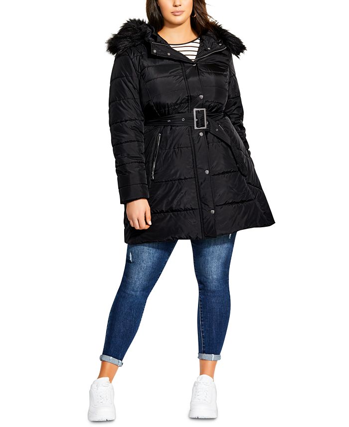 Casaco com capuz City Chic Plus feminino Puffa removível com acabamento em pele sintética tamanho 22W