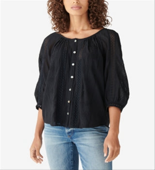 Blusa feminina Lucky Brand com renda e bordado, preta, tamanho M