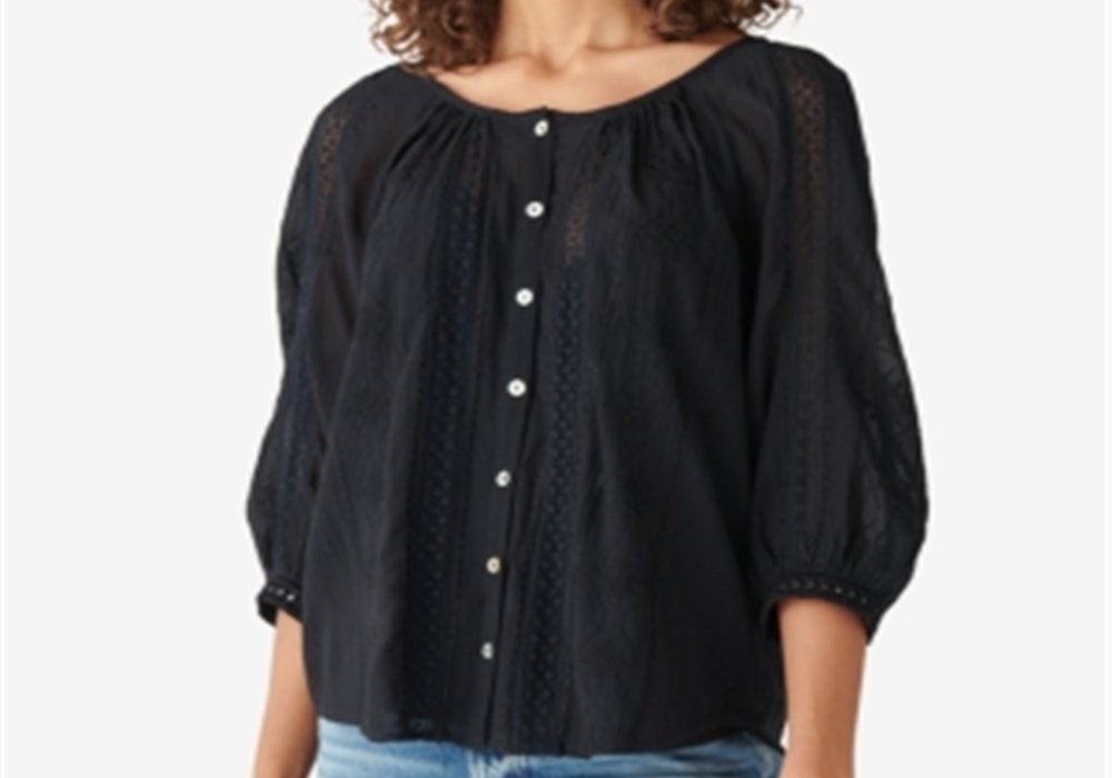 Blusa feminina Lucky Brand com renda e bordado, preta, tamanho M