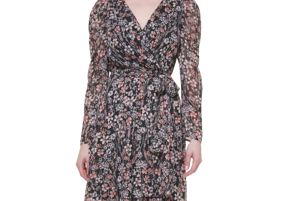Vestido midi metálico de chiffon feminino Tommy Hilfiger, preto, tamanho 6