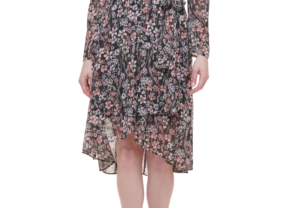 Vestido midi metálico de chiffon feminino Tommy Hilfiger, preto, tamanho 6