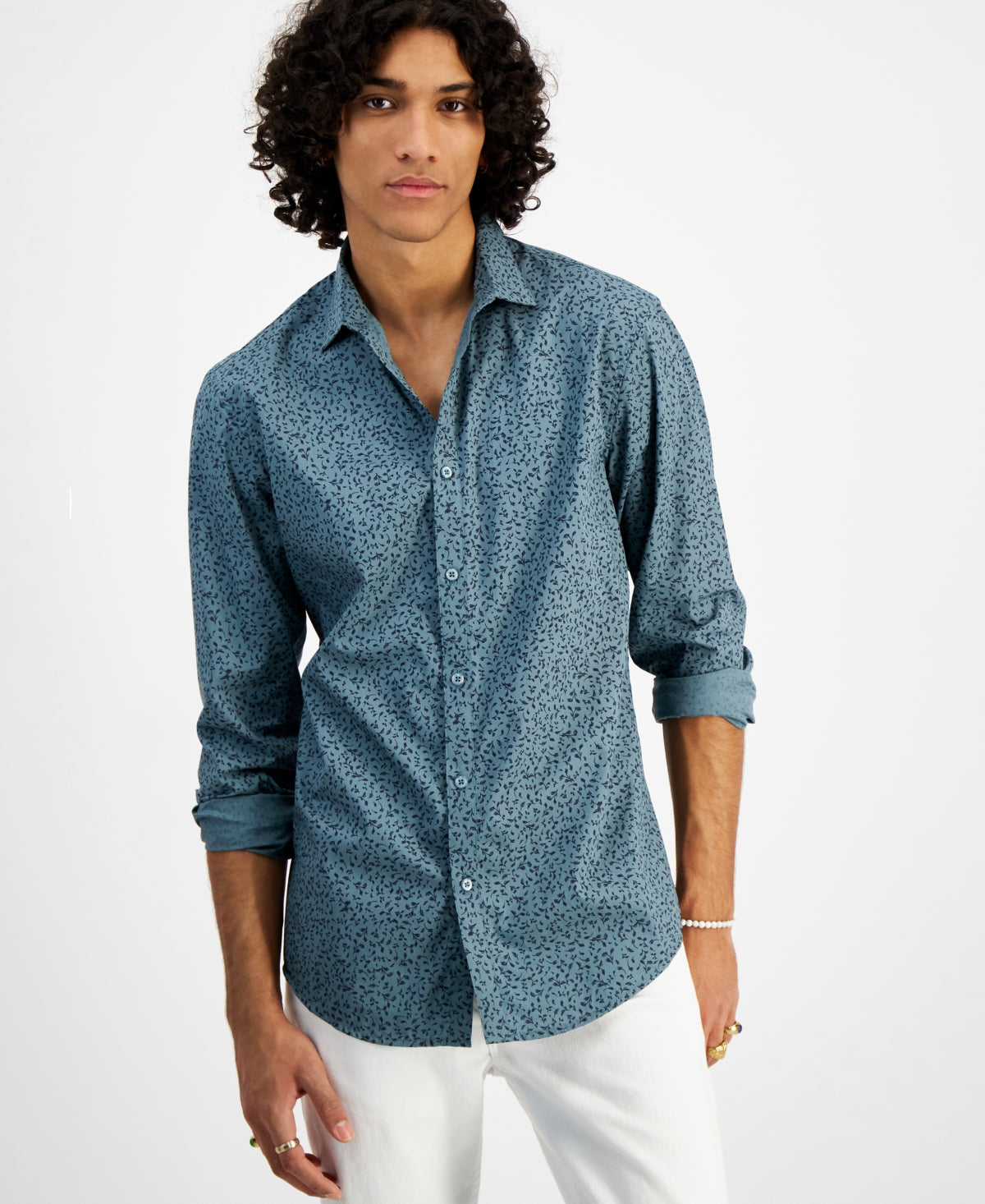 Camisa masculina regular fit com estampa floral e estampa floral da INC International Concepts, azul, tamanho X-S