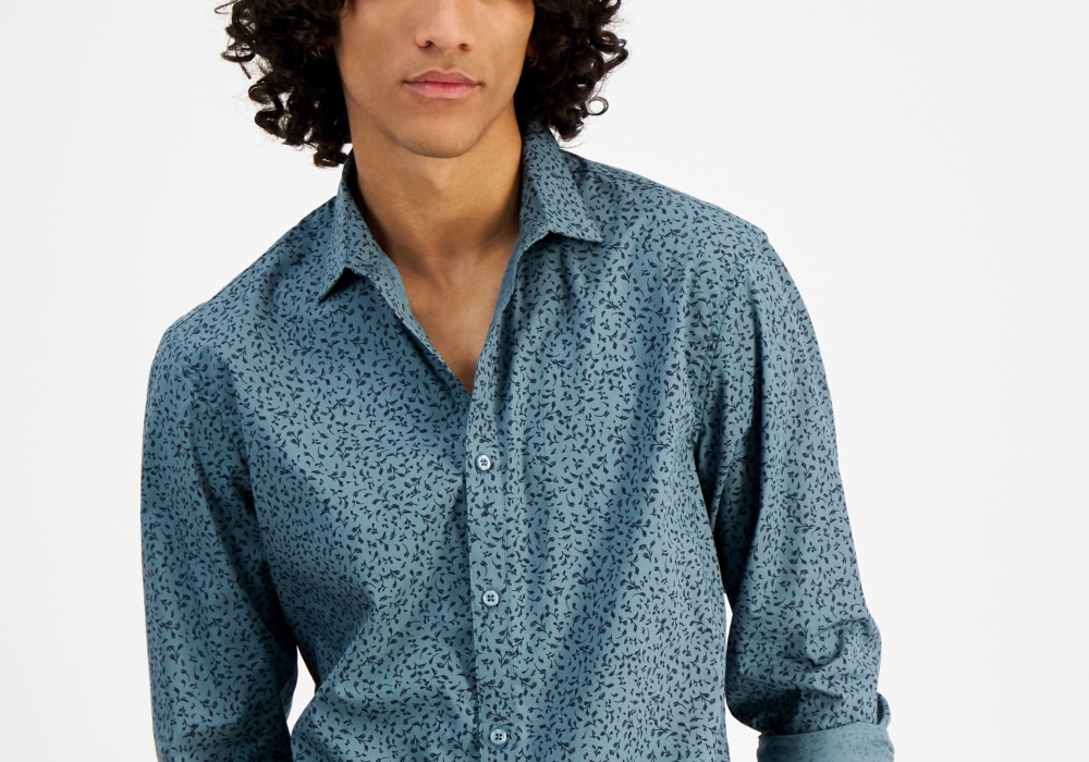 Camisa masculina regular fit com estampa floral e estampa floral da INC International Concepts, azul, tamanho X-S