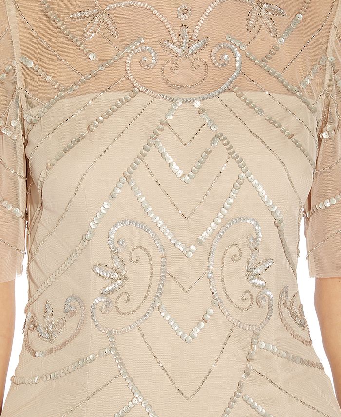 Vestido feminino com mangas compridas e detalhes em miçangas, bege, tamanho 10, da Papell Studio