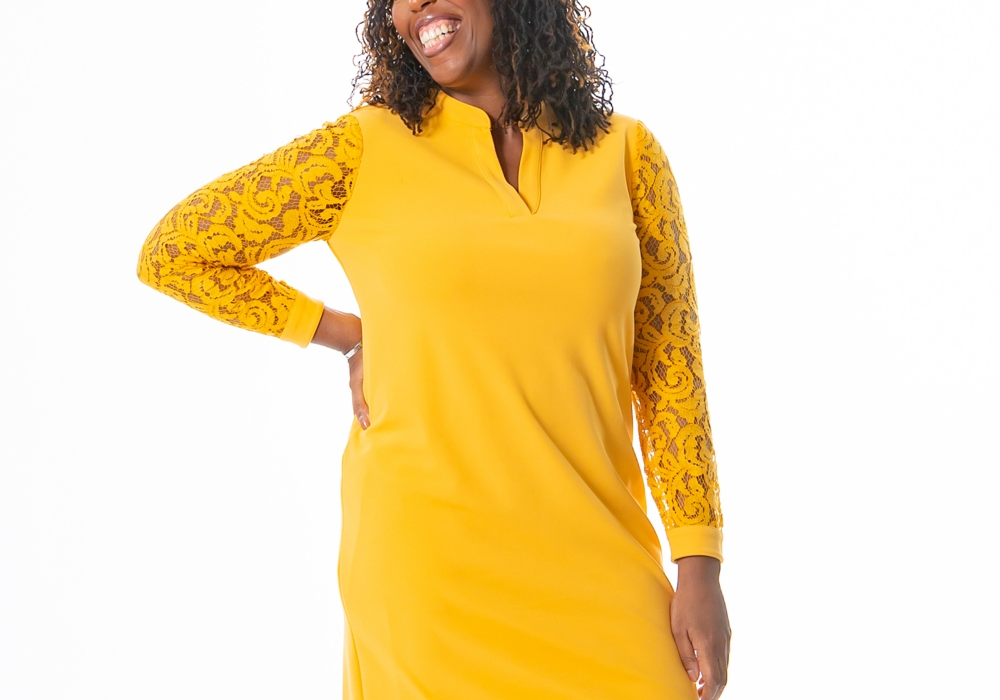 Vestido justo com mangas rendadas e renda Kasper feminino, amarelo, tamanho médio