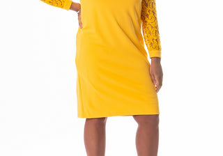 Vestido justo com mangas rendadas e renda Kasper feminino, amarelo, tamanho médio