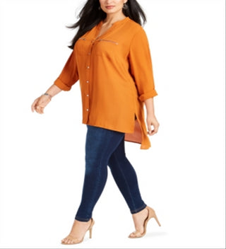 Blusa feminina NY Collection com decote em Y, manga curta e comprimento longo, laranja, tamanho 2X
