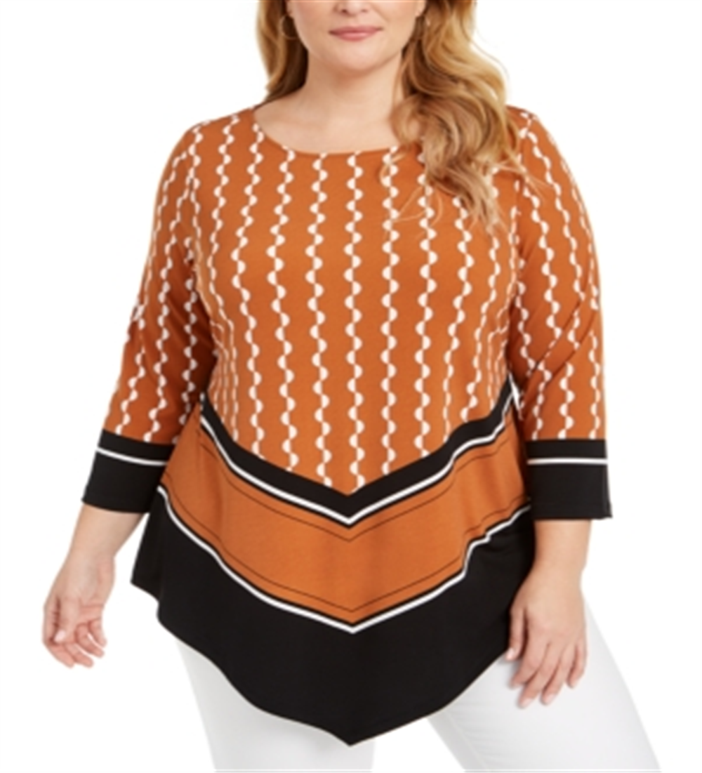 Blusa feminina Alfani estampada com bainha em V marrom tamanho 1X