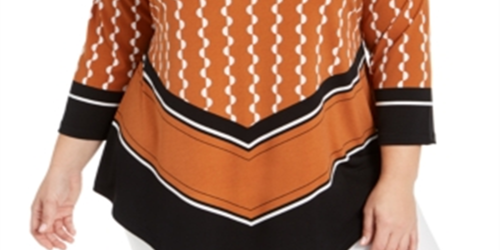 Blusa feminina Alfani estampada com bainha em V marrom tamanho 1X