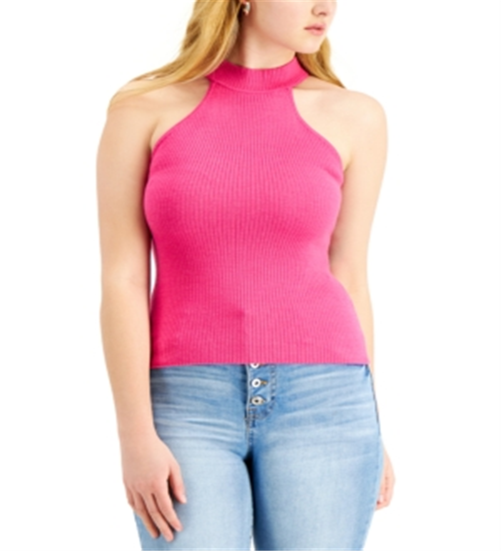 Suéter Guess Shea com gola alta canelada e manga curta, rosa, tamanho M