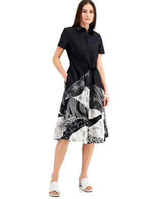 Vestido midi estampado Payton feminino Alfani, manga curta, preto, tamanho XS