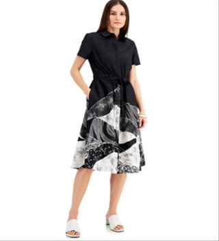 Vestido midi estampado Payton feminino Alfani, manga curta, preto, tamanho XS