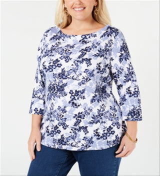 Camiseta feminina Charter Club de algodão com manga 3/4, branca, tamanho 1X