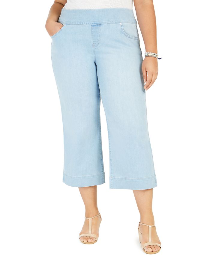 Jeans feminino estilo &amp; co, cropped, perna larga, azul, tamanho pequeno pequeno