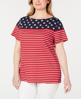 Camiseta feminina Karen Scott Americana Stars and Stripes Jeweled, vermelha, tamanho 0X