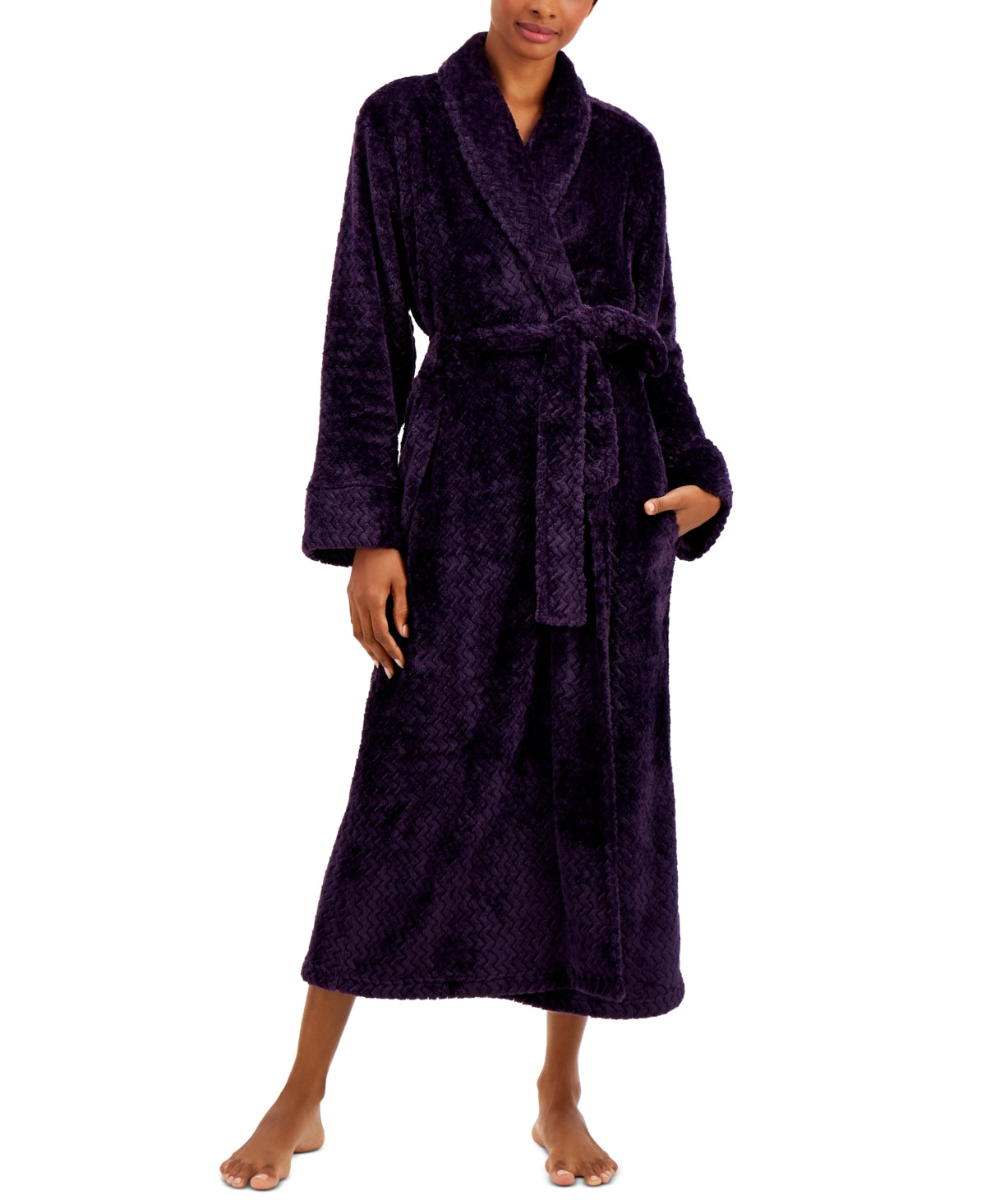 Charter Club Robe feminino de pelúcia em zigue-zague longo e aconchegante, roxo, tamanho extragrande