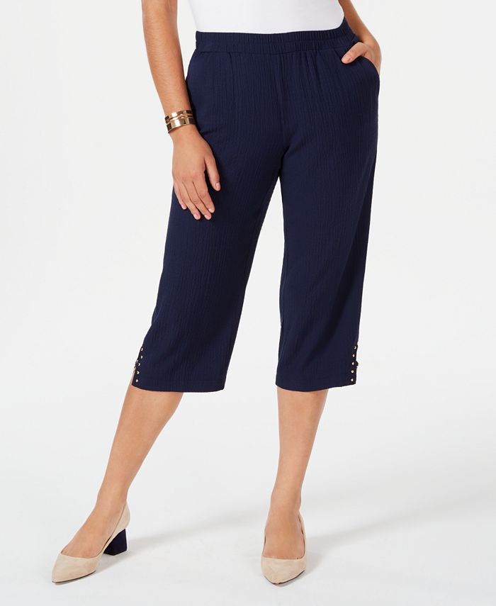 Calça capri feminina texturizada com tachas JM Collection, azul, tamanho extragrande