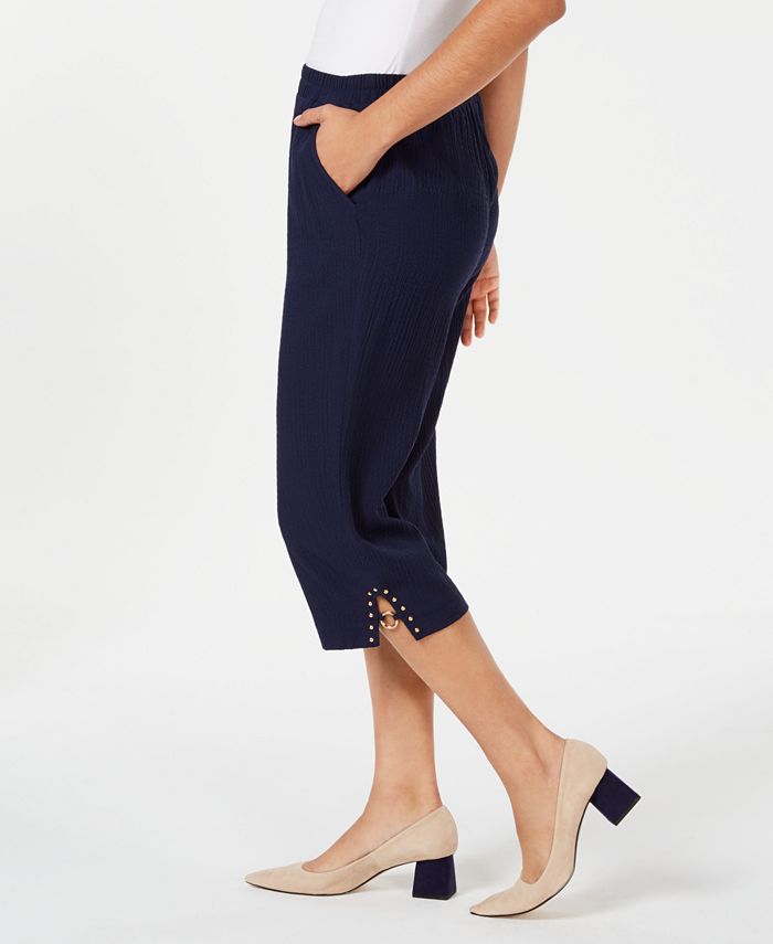 Calça capri feminina texturizada com tachas JM Collection, azul, tamanho extragrande