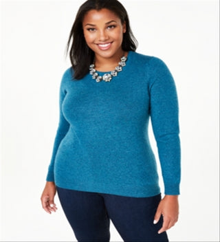 Suéter de cashmere com gola redonda feminino Charter Club, azul, tamanho 3X