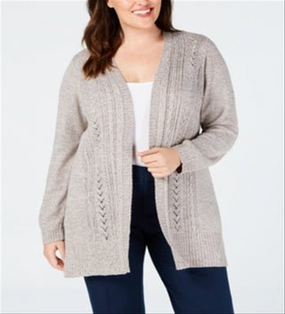 Karen Scott Cardigan Pointelle Aberto Frente Feminino Bege Tamanho 4X
