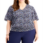 Blusa feminina Michael Kors com decote em V floral, azul, tamanho 1X